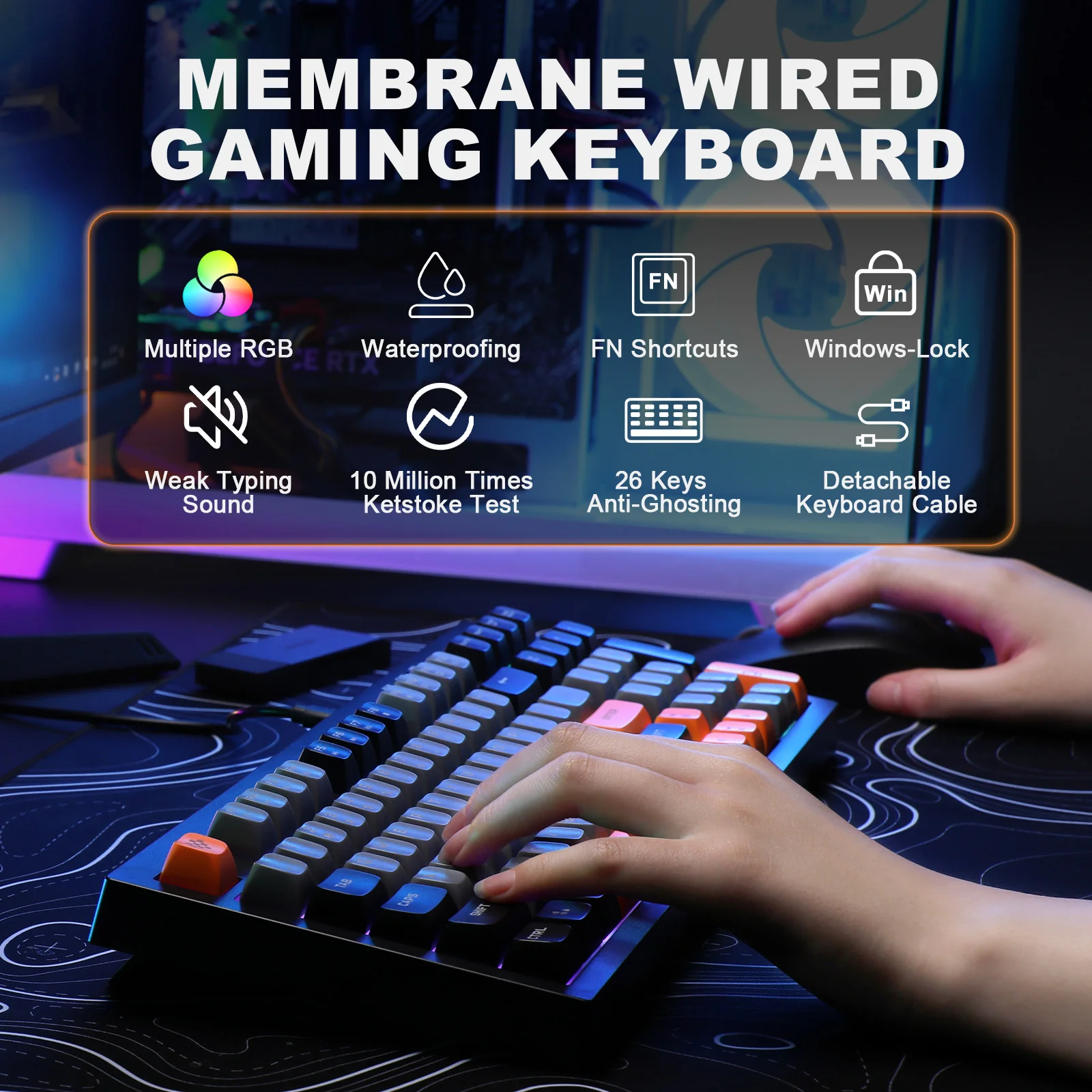 YUNZII D98 Black Wired RGB Membrane Keyboard - Image 4