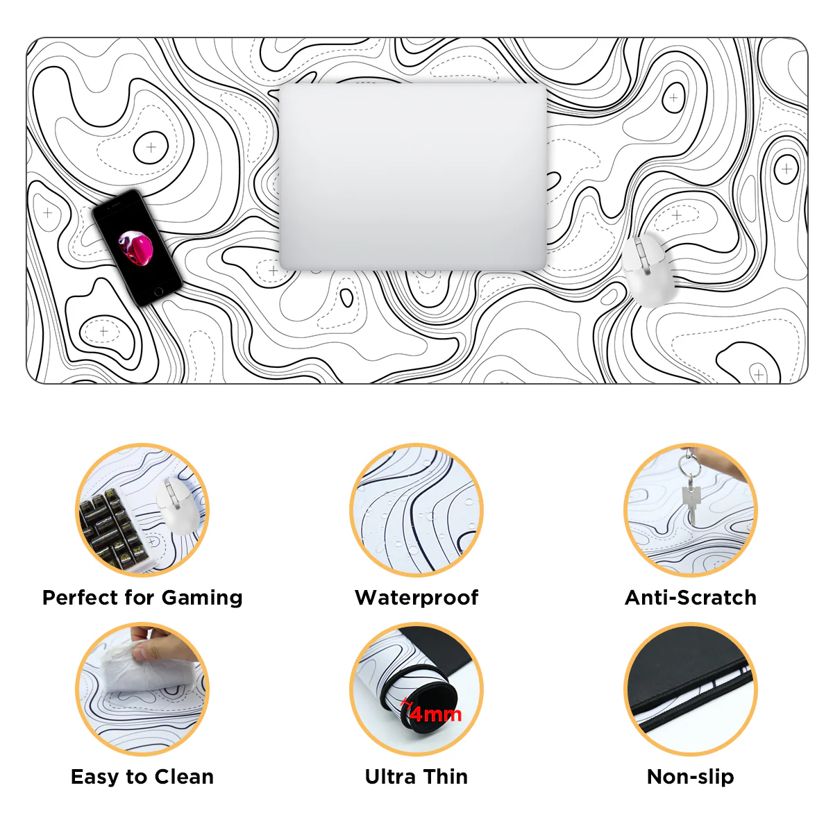 YUNZII Desk Pad Mouse Mat  - White Topographic - Image 3