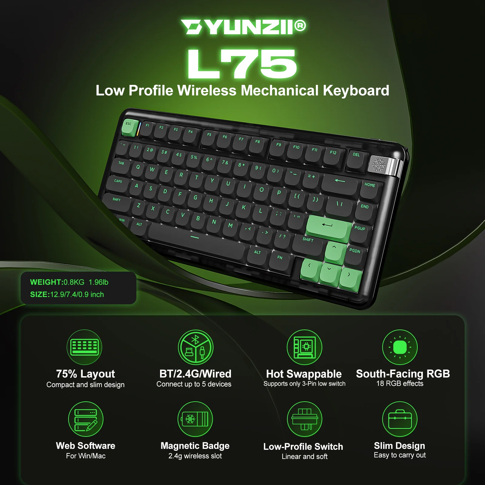 YUNZII L75 Low Profile Wireless Mechanical Keyboard - Image 3