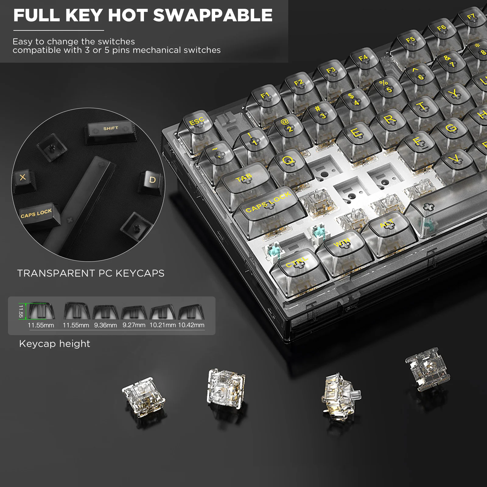 YUNZII X75 82 Keys Wired Hot Swappable Gasket Transparent Mechanical Keyboard - Image 5