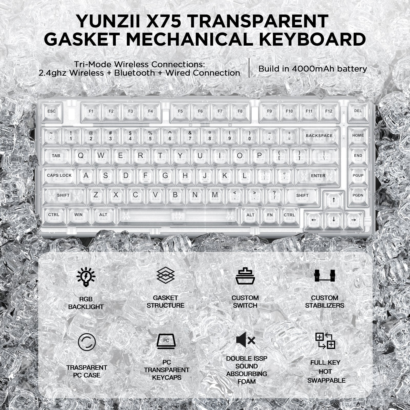 YUNZII X75 PRO 82 Key Wireless Hot Swappable Gasket Transparent Mechanical Keyboard - Image 5